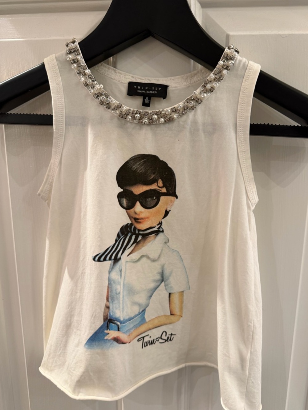 Simona Barneri Twin-Set White Embellished Graphic Tank with Audrey Inspired